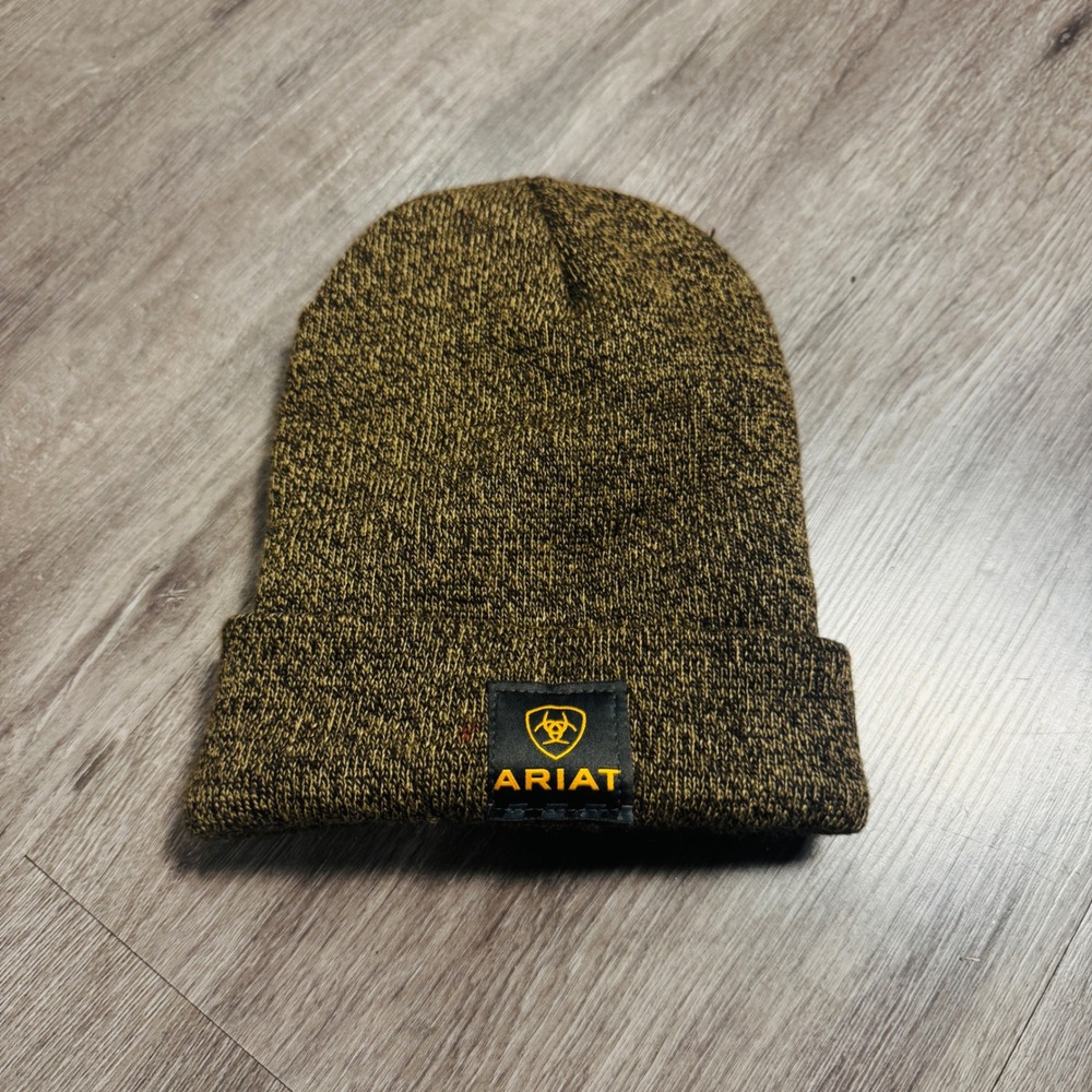 Ariat Mens Marled Brown Black Knit Cuffed Beanie Hat Logo Patch Made in USA